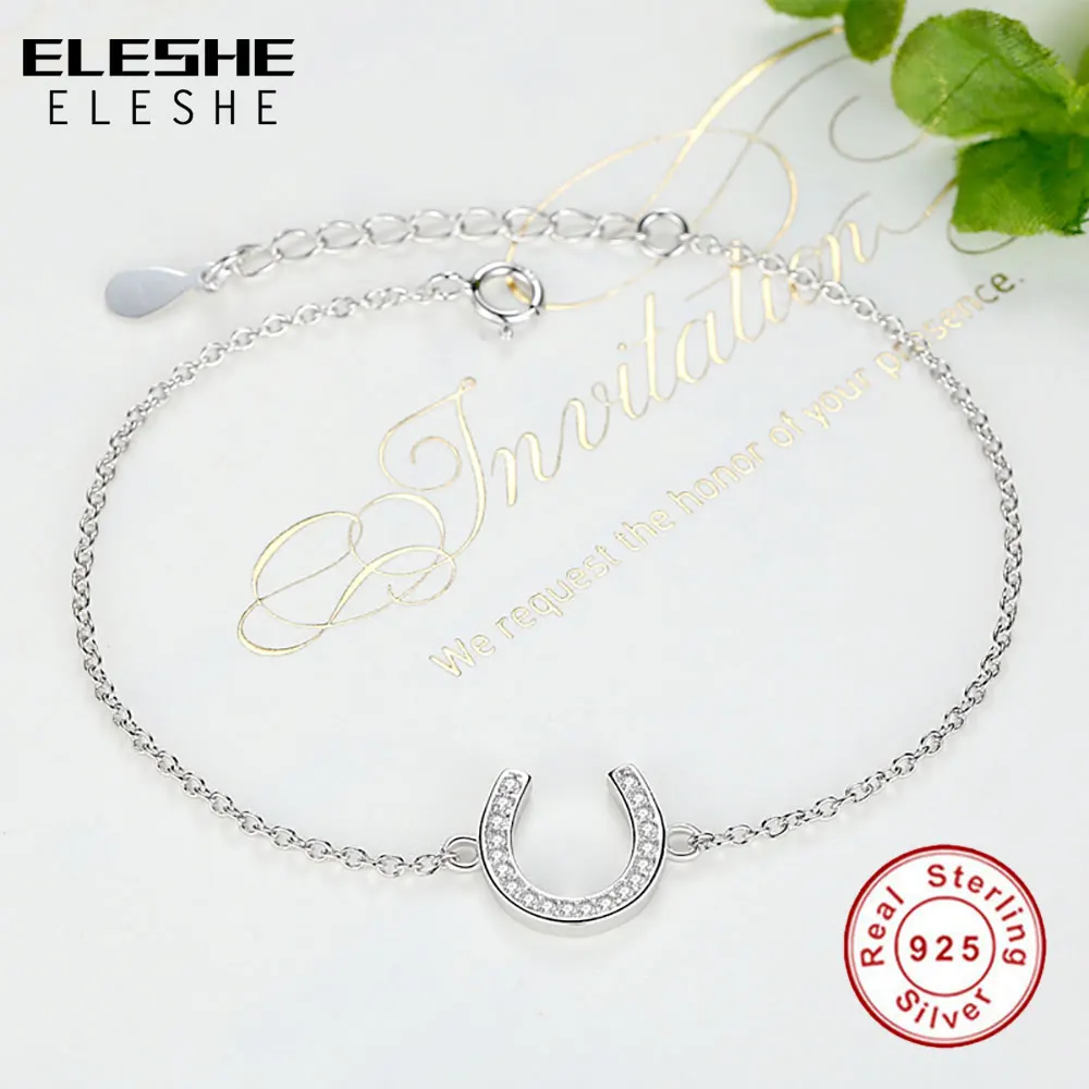 ELESHE чистый 925 Серебряная цепочка браслет с кубическим цирконием амулет-Подкова