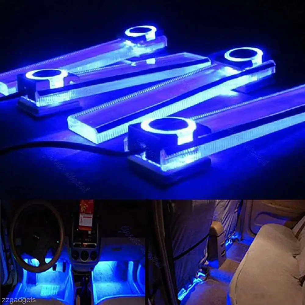 

4Pcs Car Charge Interior Accessories Foot Car Decorative 12V Blue LED Glow Neon Decor Interior Lights Set Atmosphere Light Bulb