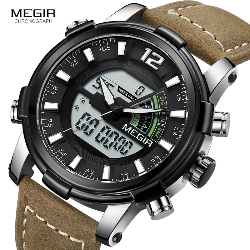 Megir Мужские кварцевые часы с несколькими часовыми поясами цифровой хронограф