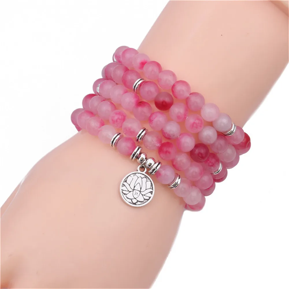 Fine 8mm Pink Natural Peach Blossom Stone Beads Necklace Energy Yoga Lotus Pendant Bracelet 108 Mala Women Meditation Jewelry | Украшения и