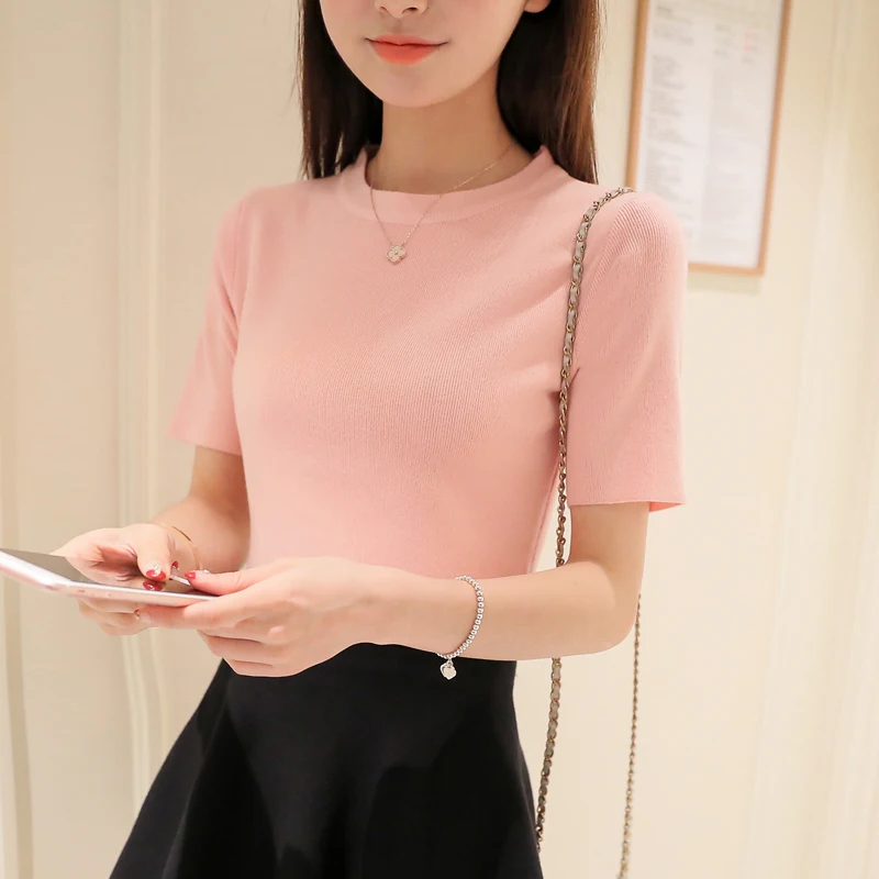 Женская футболка с коротким рукавом 2017 летняя новая короткая рубашка свитер