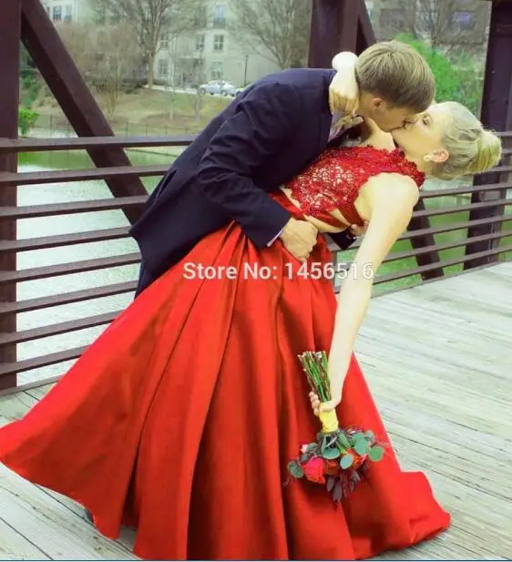 Красный Vestidos de Graduacion, кружевное атласное платье с высоким воротом, 2 предмета, платья для выпускного вечера, длина до пола, с карманами, торжественное платье для женщин - Цвет: Красный