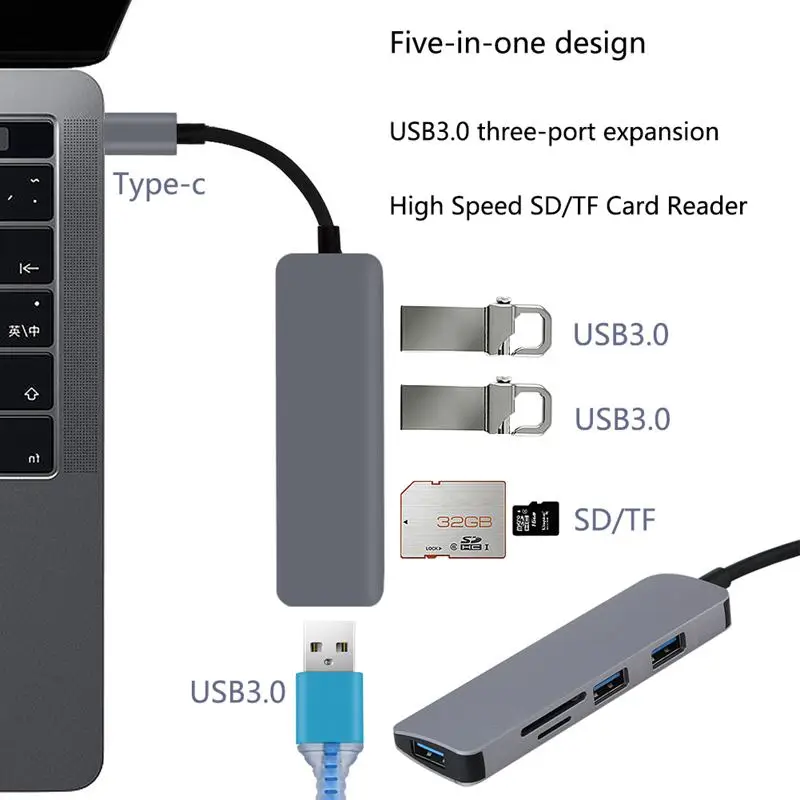 ABGN горячий-Алюминиевый USB C концентратор Type-C для 3 портов 0 TF кардридер конвертер
