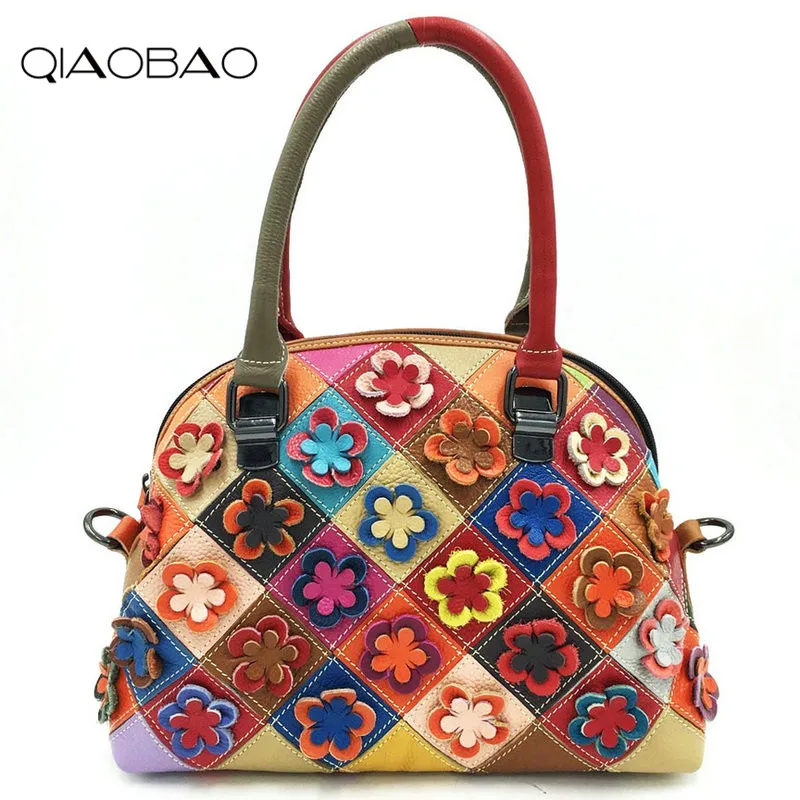 QIAOBAO сумки из 100% яловой кожи большие дамские ручные с аппликацией женская мягкая