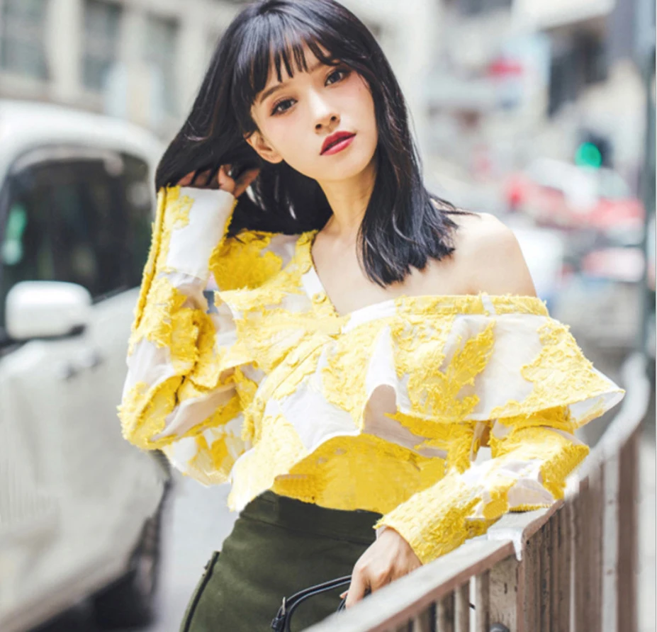 Women Ladies Yellow Floral Embroidery Lace Blouses Shirts Long Sleeve Tops Sloping Shoulder Shirt chemise femme boat neck |
