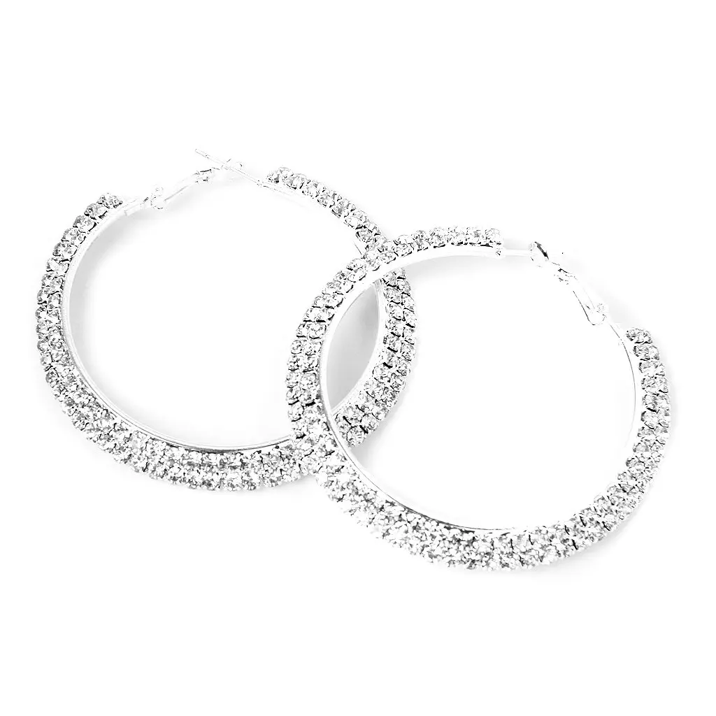 1 pair Earrings Alloy Creoles Decorated 2-Row Rhinestone Diameter 60mm - Silver-Color |
