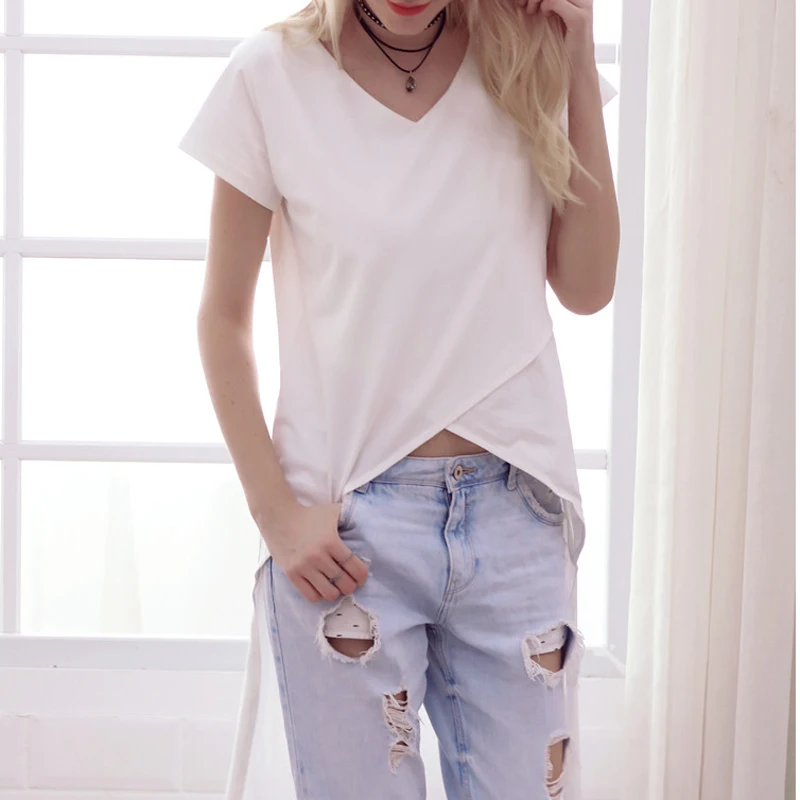 Классический Асимметрия Коротким Рукавом Футболки Женский Короткий Передний За