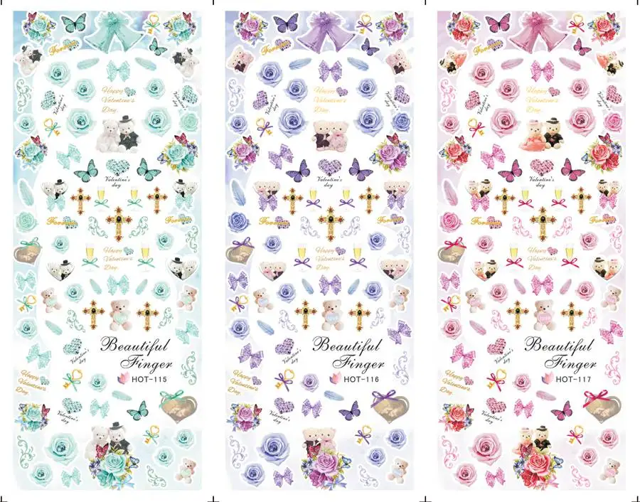 3 листа типсов/лот Свадебные игрушка медведь с бантом бабочками и цветами