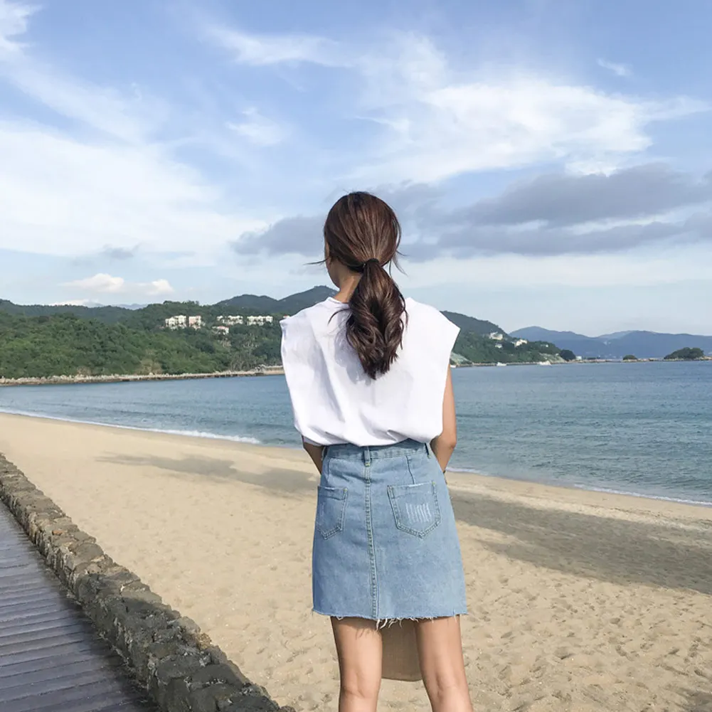 

Summer Fashion Jeans Short Skirt Women High Waist Irregular Edges Denim Skirts Female Cotton Mini Washed Casual Pencil Skirt
