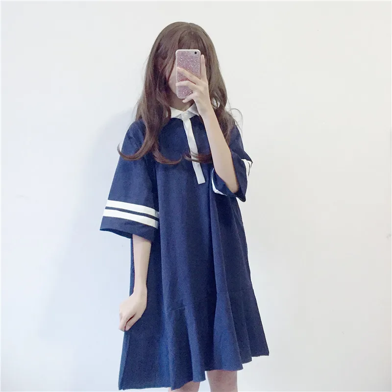 

2018 Новое Женское японское мягкое свободное тонкое платье-поло с воротником, сшитое длинное платье с рукавами, модное студенческое Повседне...