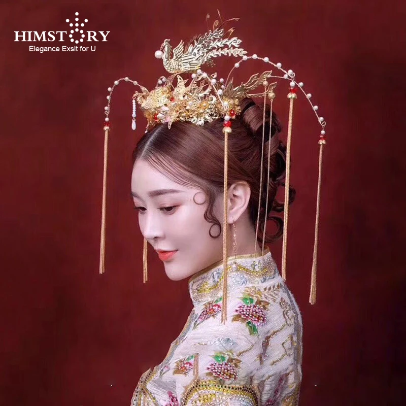 

HIMSTORY Chinese Vintage Gold Phoenix Peacock Coronet Hair Accessories Wedding Headpieces Long Tassel Bridal Queen Hair Jewelry