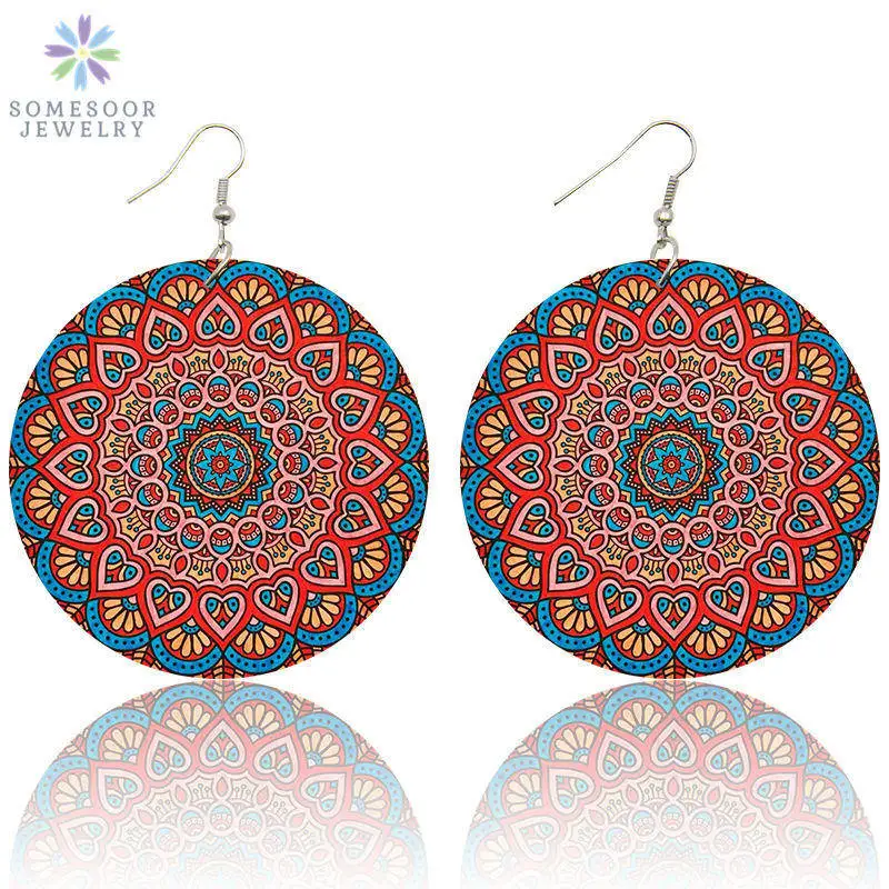 SOMESOOR Painting Bohemian Natural African Wooden Drop Earrings 2022 Sunflower AFRO Fabric Ethnic Pendant Jewelry For Women Gift