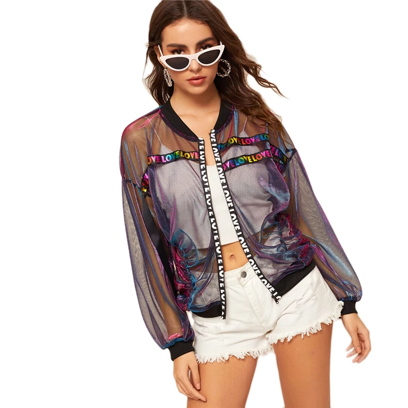 SweatyRocks куртка с буквенным принтом и металлической сеткой, уличная одежда, женские куртки-бомберы, весна, повседневная одежда для активного отдыха, пальто и топы