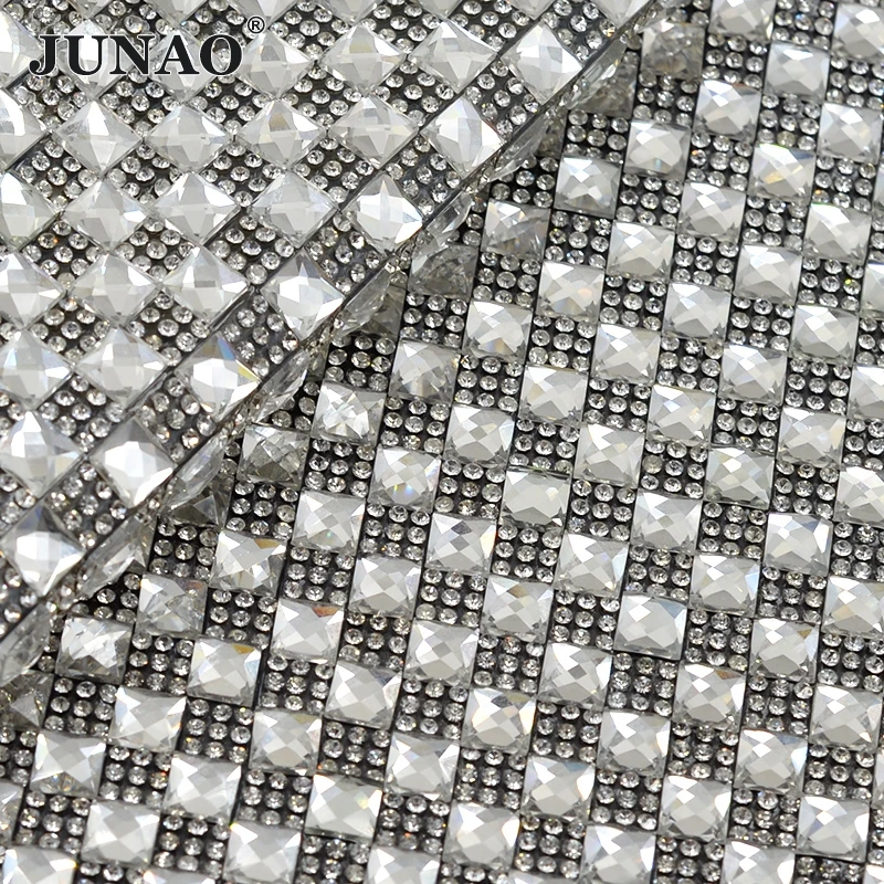 

JUNAO 24*40cm Hotfix Clear Black 8mm Square Rhinestone Fabric Mesh Crystal Ribbon Trim Glass Applique DIY Clothes Jewelry Crafts