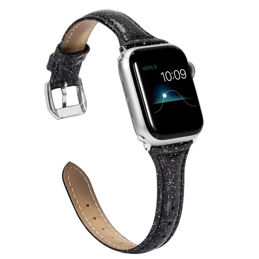 BlackB Тонкий блестящий кожаный ремешок для Apple Watch, 40 мм, 44 мм, для женщин, для iWatch, тонкий браслет, блестящий ремешок для серий 4, 3, 2, 1 издание - Цвет ремешка: BlackB