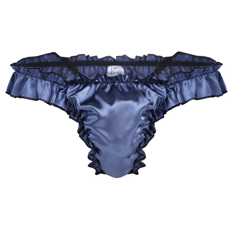 Navy Blue IEFiEL/Лидер продаж, сексуальное мужское нижнее белье, мягкое, блестящее, с оборками, Трусики-бикини, трусики-стринги, нижнее белье, дышащее белье - Цвет: Navy Blue