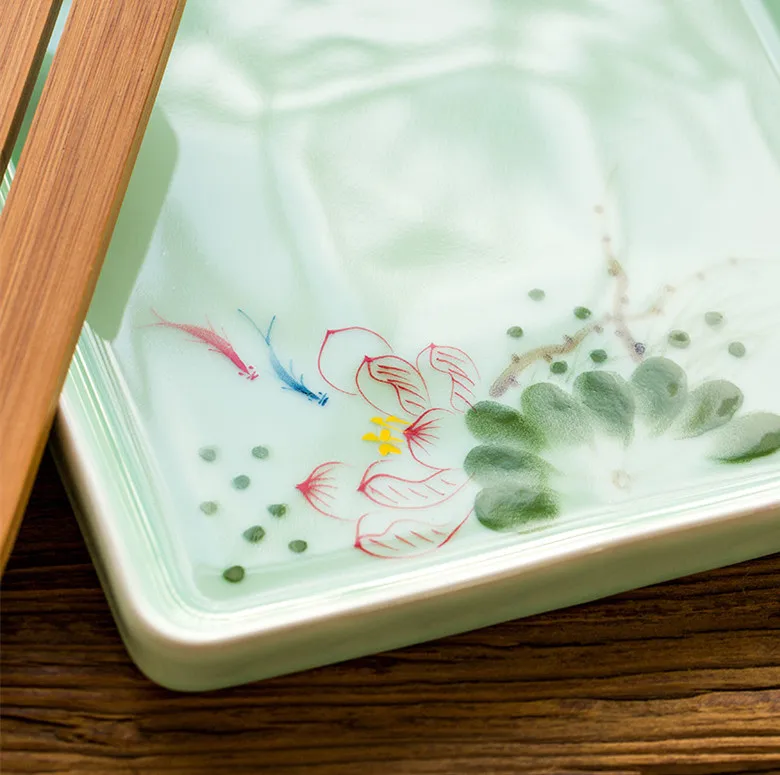 Longquan Celadon ручная роспись мини-керамический чайный поднос Бамбуковая поверхность