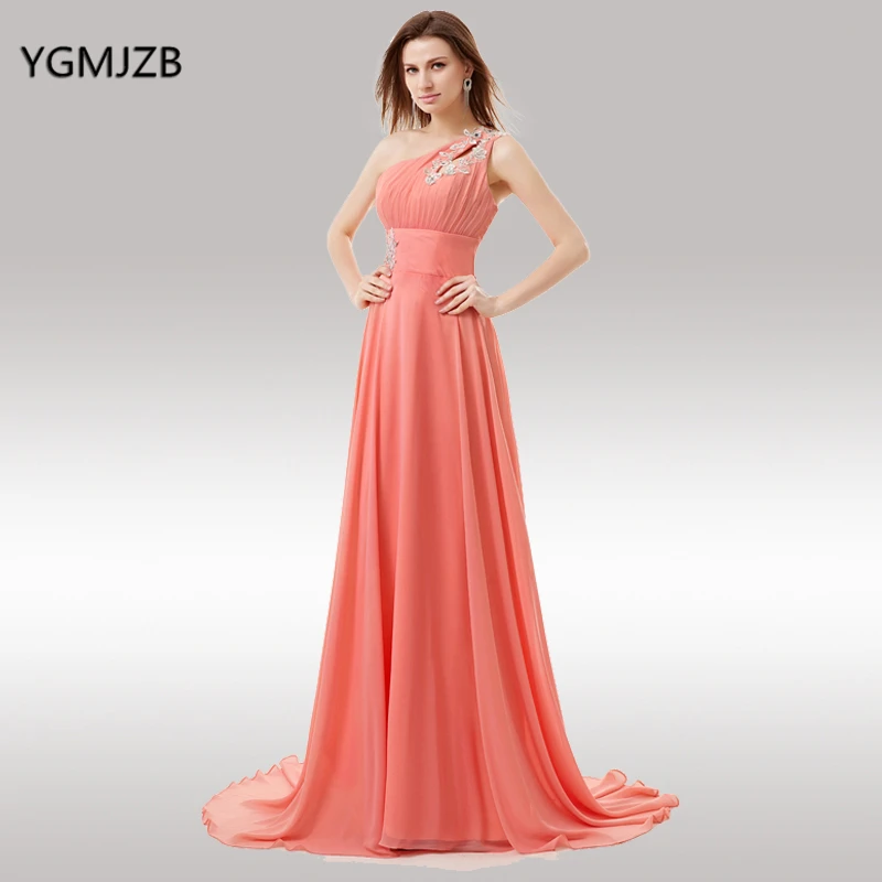 Платье длинное шифоновое с открытой спиной на одно плечо без рукавов|coral bridesmaid