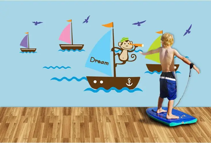 1Set Fashion Ocean Sail Boat Ship Monkey Wall Stickers Art Kids Room Decor Murals Decals PVC Vinyl Wallpaper AY7043 | Дом и сад