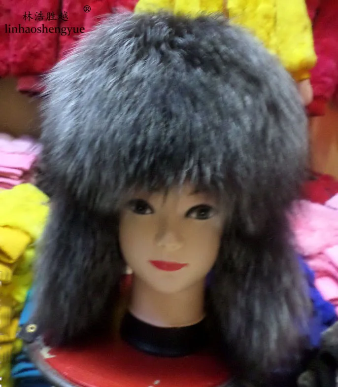 Linhaoshengyue Male  Silver Fox  Real Fur Earmuffs Hat