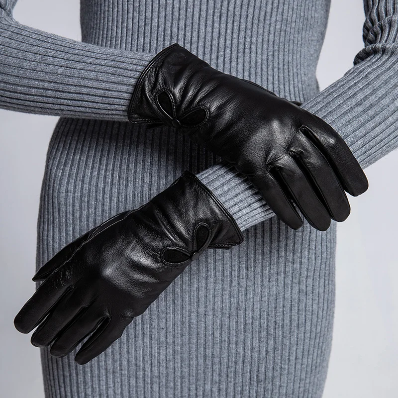 Sumusan Женщины сенсорный экран кожа Перчатки зимние теплые черные женские удобные