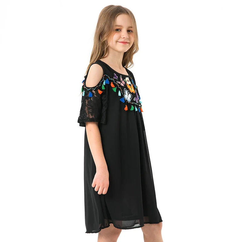 Black Cold Shoulder Butterfly Embroidery Princess Dress Girl Costume 2019 Summer Short Sleeve A Line Boho Tassel Lace Kids | Детская