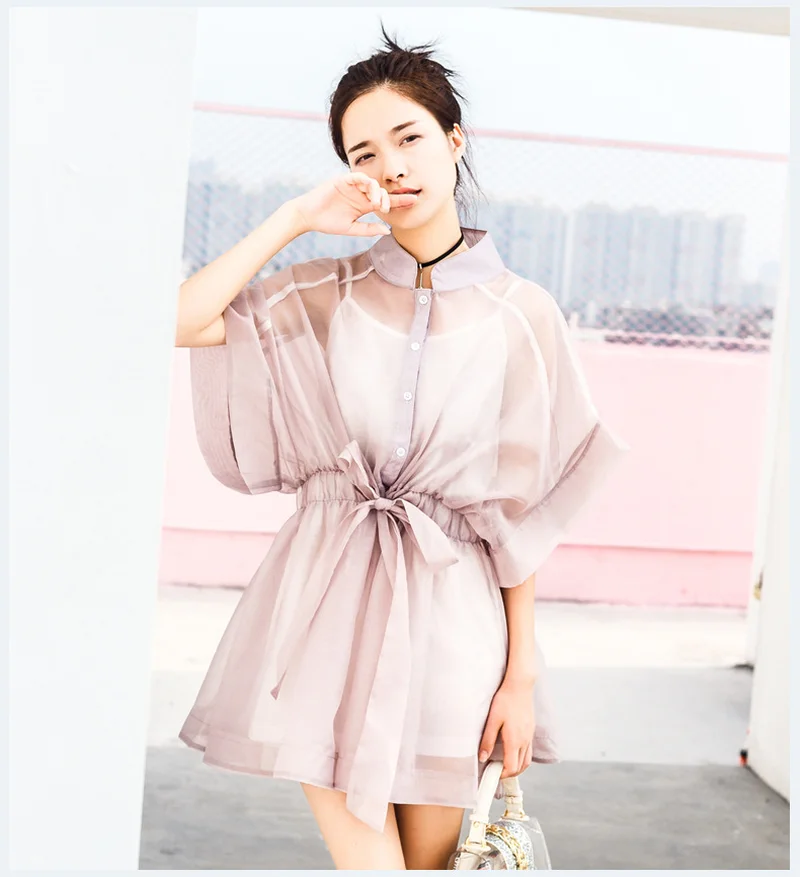 Женское платье из органзы однотонное газовое с рукавами двух предметов на весну