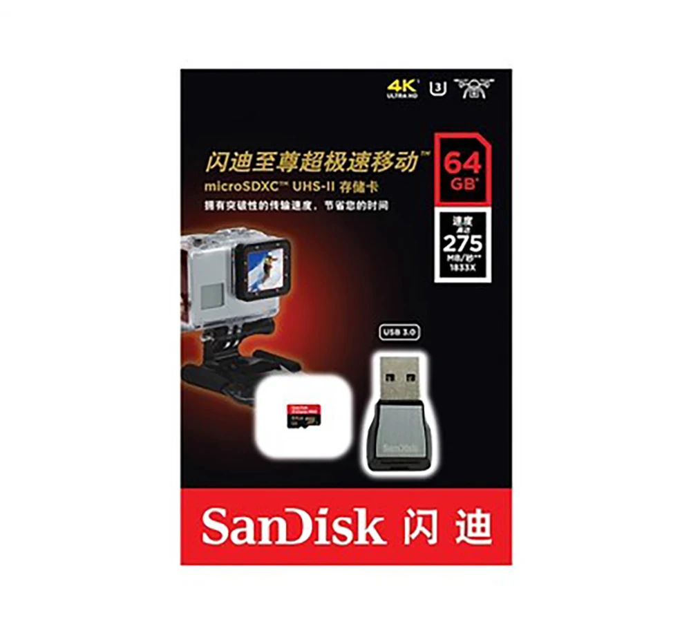 Карты памяти SanDisk Extreme Pro microSDXC UHS-II Class10 C10 U3 275 МБ/с. 64 ГБ 128 карты 4 К UHD адаптер USB 3 0