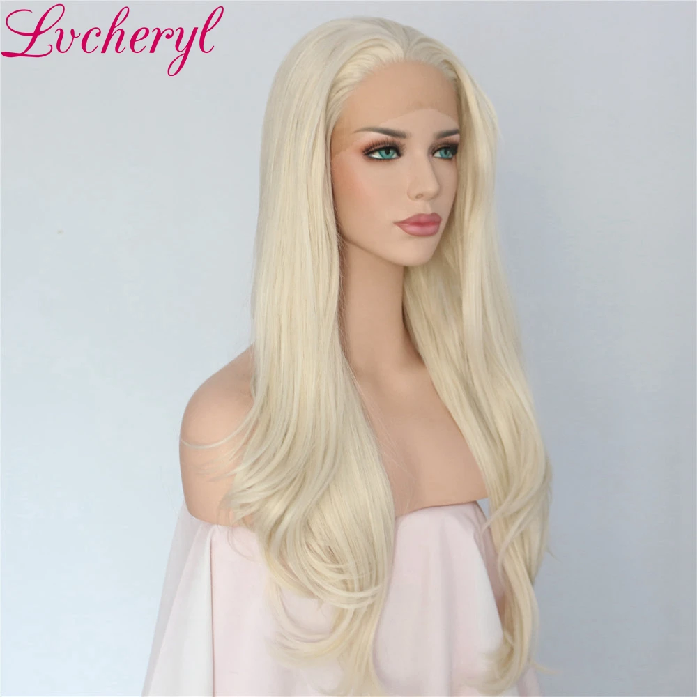 Lvcheryl платиновый блондин, длинные волнистые, ручная вязка, бесклеевое высокотемпературное волокно, синтетические парики на кружеве для белых женщин