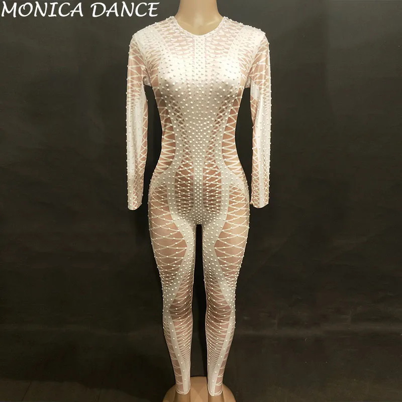 Women Sexy Stage Jumpsuit White Grid Sparkling Crystals Bodysuit Nightclub Party Stage Wear Singer Dancer Bling Dance Costumes
