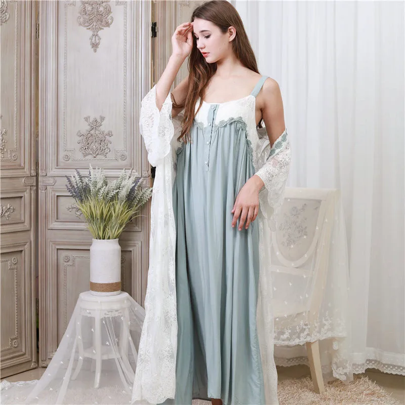 Green Роскошный халат, комплект из двух предметов, осенняя Пижама, Женская домашняя одежда, пеньюар, набор, халат, Прозрачное кимоно, кружевная ночная рубашка T327 - Цвет: Green