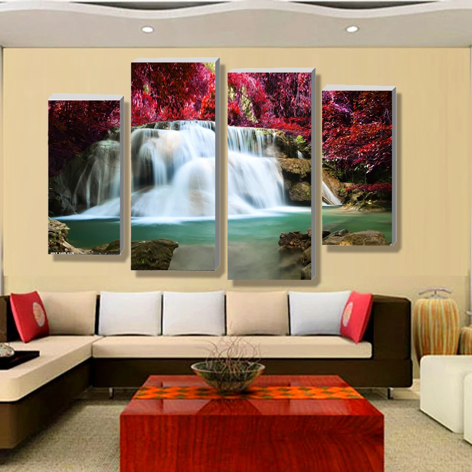 4 Panel Sets Beautiful Waterfall Landscape Painting Flowers Modern Pictures On Canvas Artwork Print Customized Picture A-10-120 | Дом и сад