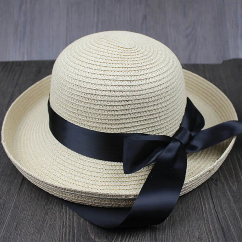 Модные новые летние Для женщин Защита от Солнца шляпа черный бантом ленты