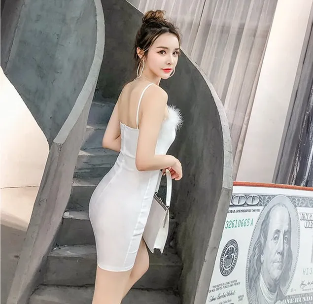 Сексуальная Спагетти ремень платье Женщины Оболочка Bodycon мех черный розовый мини