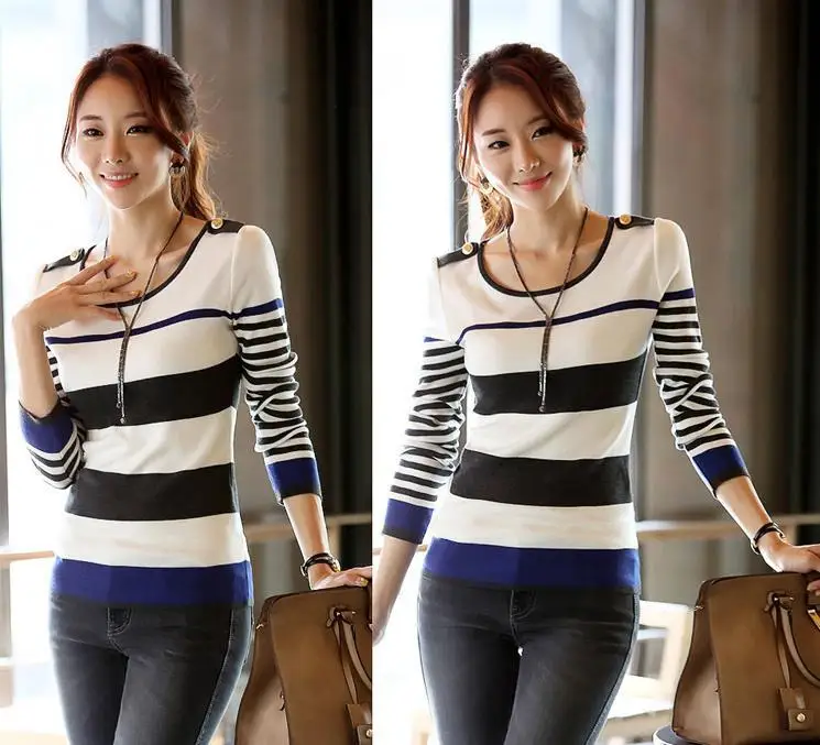 pullover Sweater Free shipping fashion sweater stitching Slim round neck long-sleeved striped shirt 8826 | Женская одежда