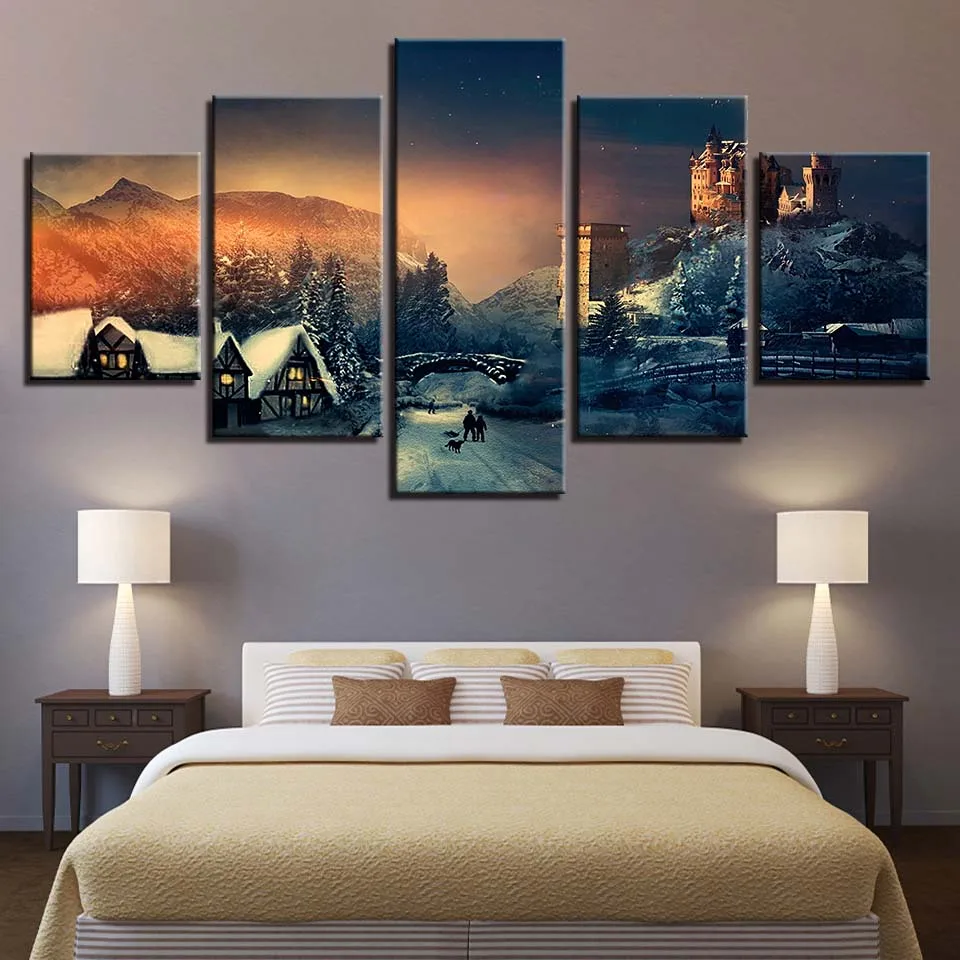 

Картина на холсте HD печать домашний декор замок дом 5 шт. настенное искусство Горный пейзаж модульная спальня картины плакат
