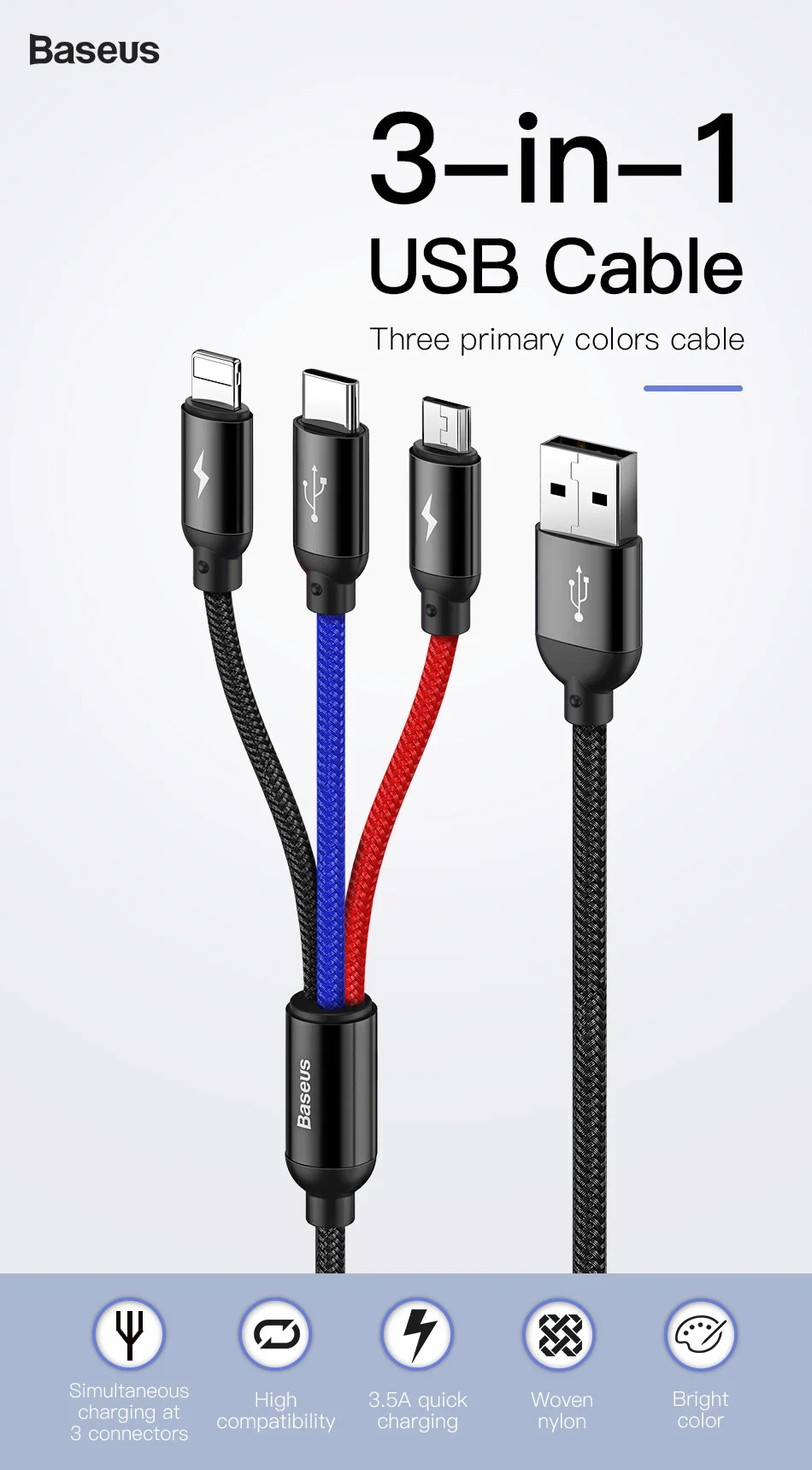 Baseus 3 в 1 USB кабель для iPhone type C Micro USB Автомобильное зарядное устройство для samsung S9 huawei зарядный кабель 3.5A провод для быстрой зарядки