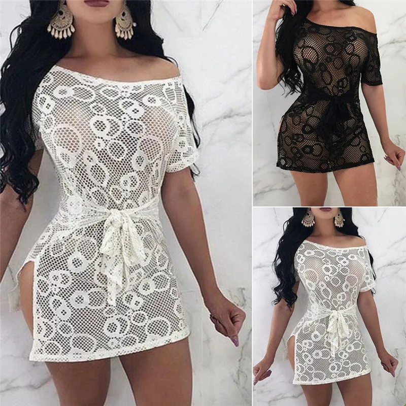 

2018 New Beach Cover Up Bikini Lace Crochet Knitted Beachwear Summer Swimsuit Cover Up Sexy Short Sleeve See-through Beach Dress