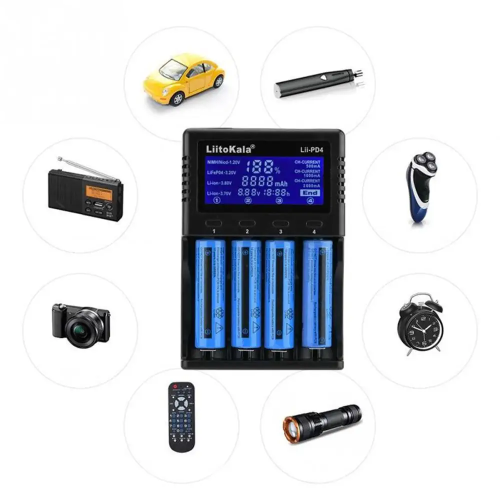 Liitokala Lii-PD4 18650 ЖК-дисплей зарядное устройство 26650 21700 14500 10440 4 слота NiMH Li-Ion Smart