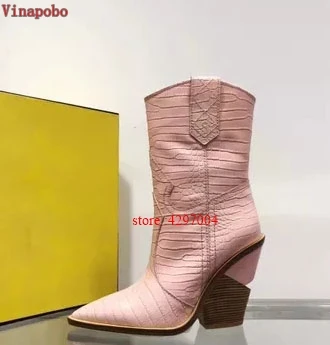 Fashion Cowboy Ankle Boots Women Shoes Pu Leather Wedge Chunky High Heel Boots Snake Print Western Cowgirl Boots Black PINK - Цвет: as the picture