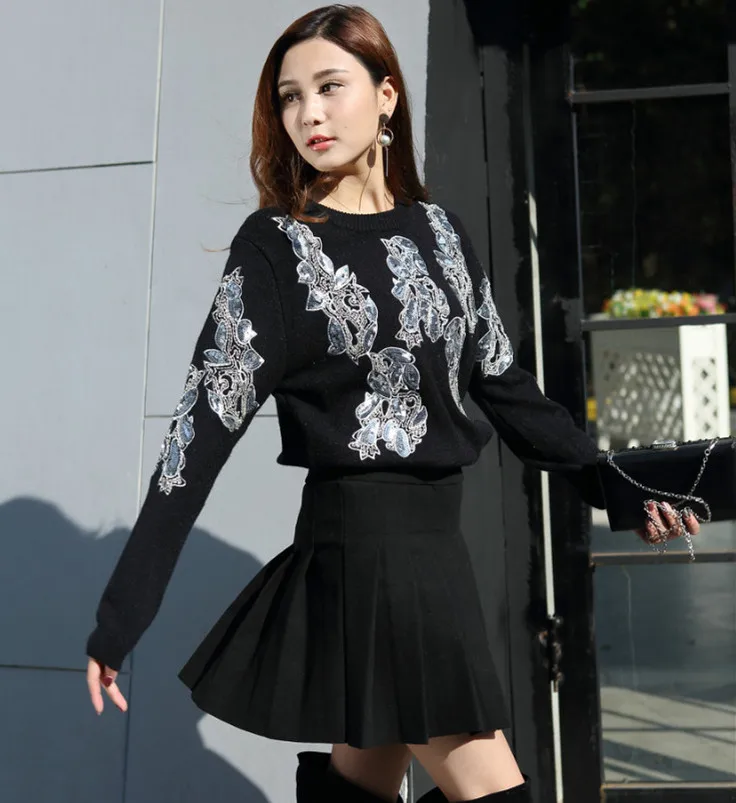 Cakucool New Women sequined Long Sleeve Sweaters O-neck Thick Jumper Shiny Embellish Beading Embroid Knit Pullover Sweater Lady | Женская