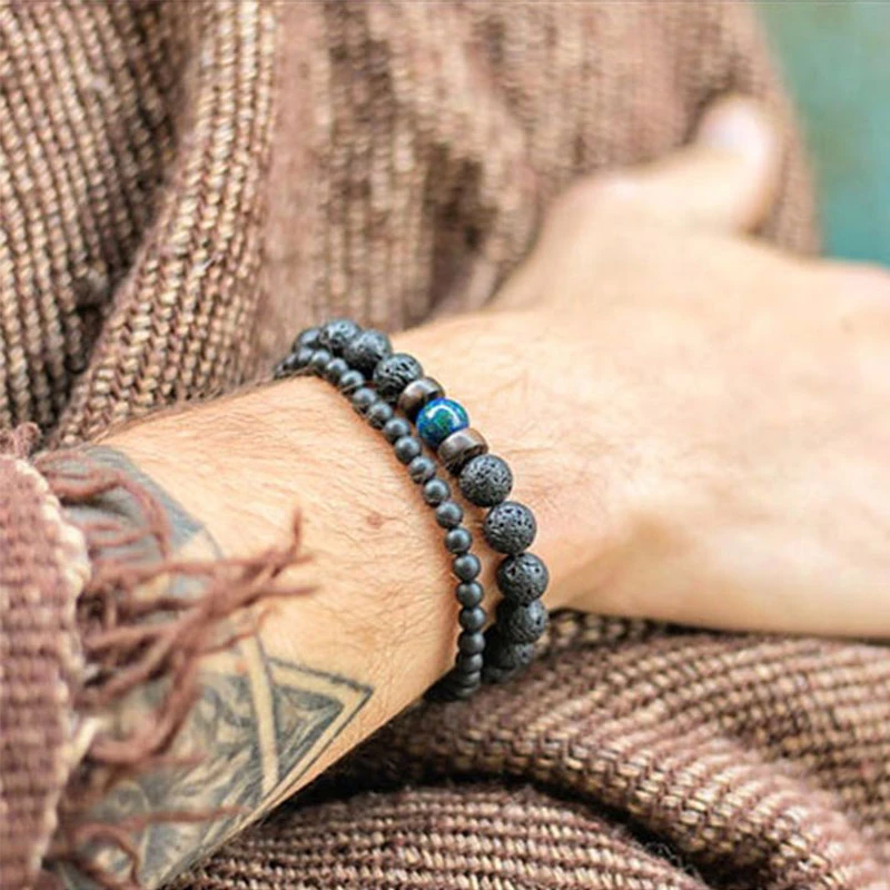Мужской браслет из натуральной чакры камень вулканической лавы деревянных бусин