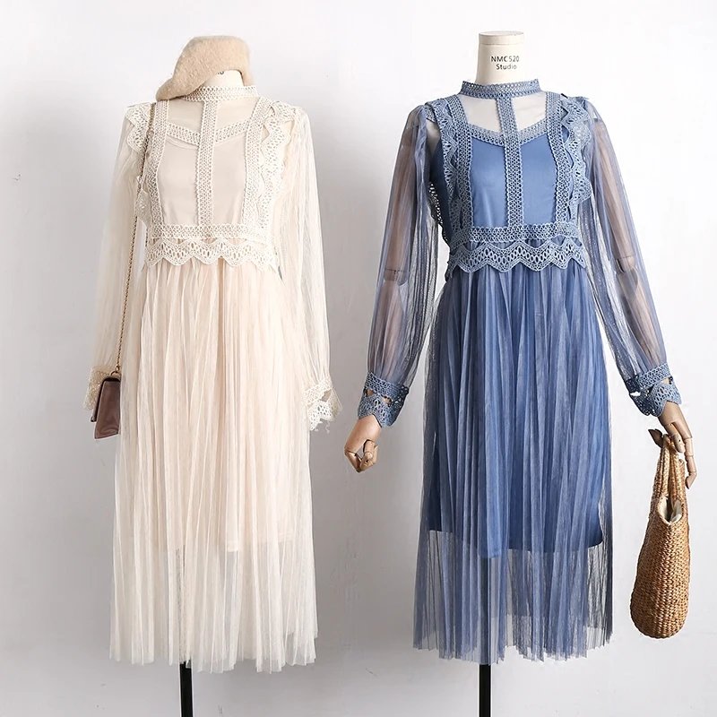 Высокое качество женское элегантное кружевное платье повседневное с длинным