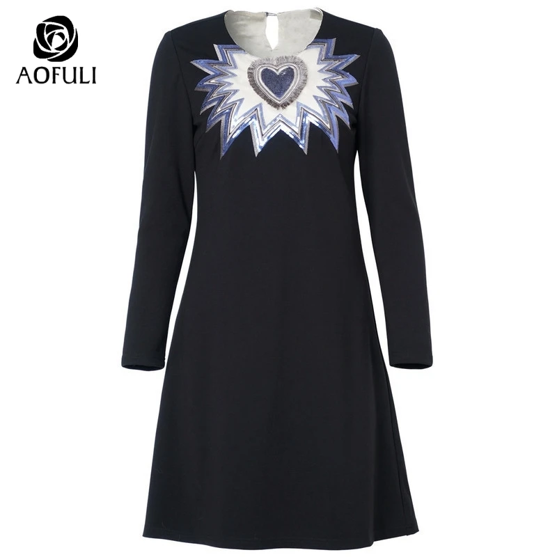 AOFULI L-XXXL 4XL 5XL расшитое блестками зимнее женское платье с длинным рукавом длиной до