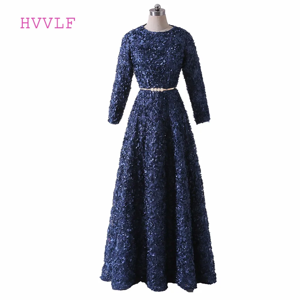 Темно-синие мусульманские Вечерние платья трапециевидной формы одежда с длинным