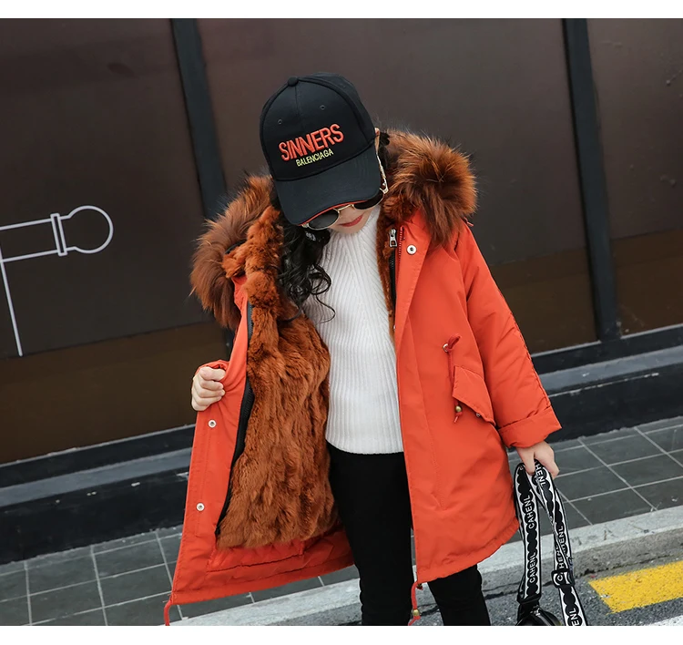 Carhartt/куртка детские зимние длинные пальто с капюшоном из натурального енота, парки модная повседневная верхняя одежда с подкладкой из натурального кроличьего меха для девочек