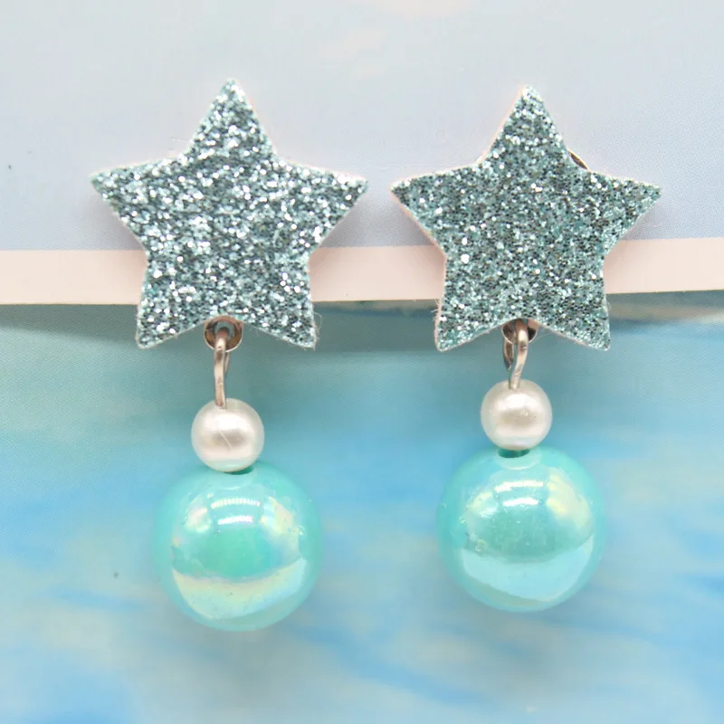 blue star Новые детские серьги с розовым сердцем и звездами в форме цветка, милые жемчужные серьги для девочек, серьги-клипсы без ушей - Окраска металла: blue star