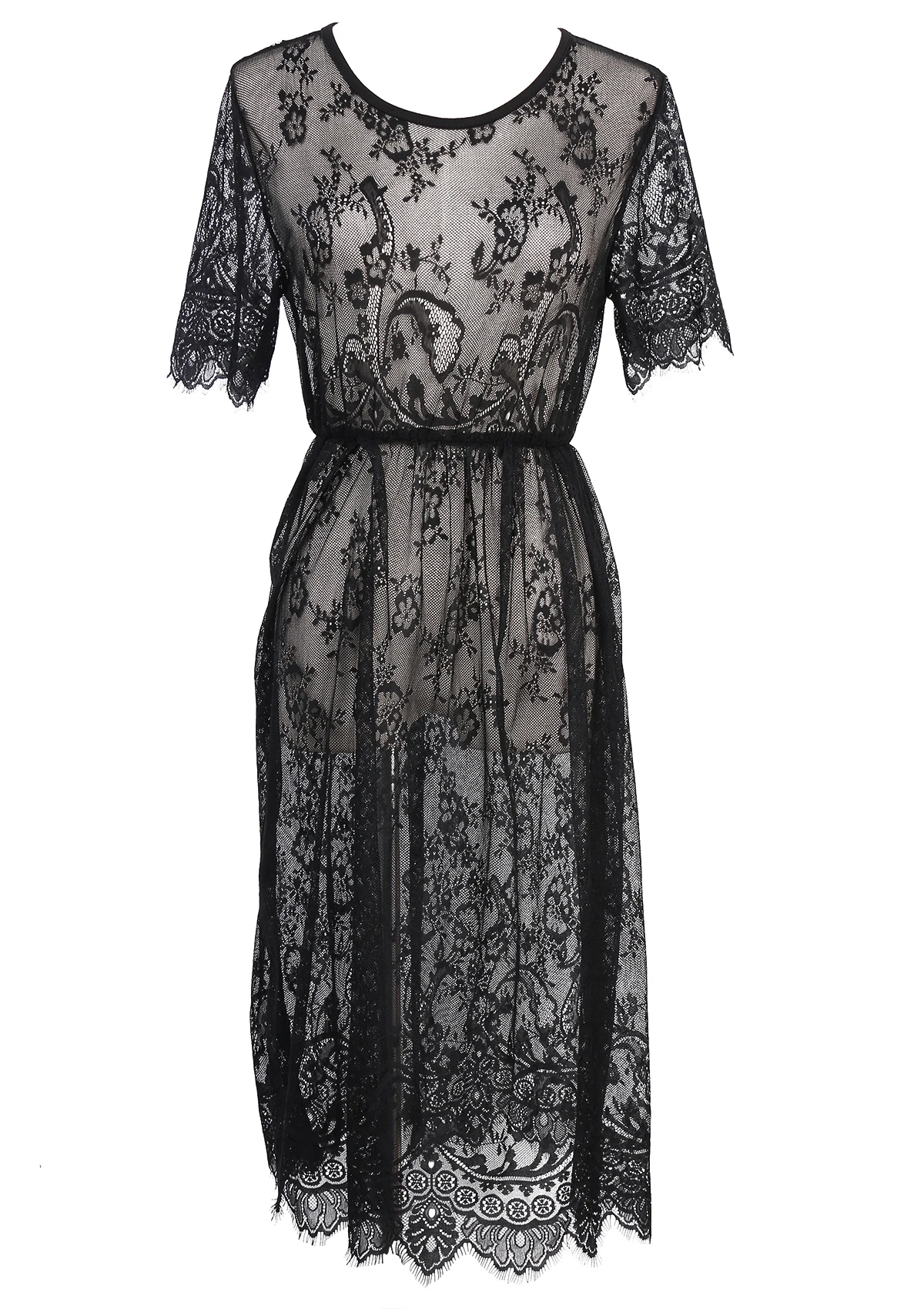 

Womens Sexy Lace Bathing Suit Beach Dress Swimwear Swimsuit Black Solid Loose Sashes Sexy Dresses women Clothing