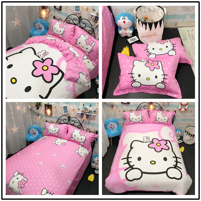 Hello kitty Милый хлопковый Детский Комплект постельного белья, простыня фиолетового цвета, мультяшная девочка KT, 4 шт., милые пододеяльники и одеяла, розовый цвет