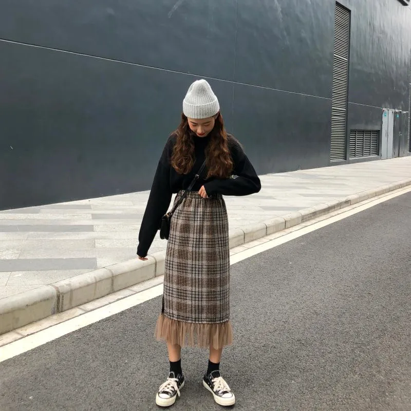 Осень-зима женские юбки Harajuku модные сетчатые строчки с эластичной резинкой на талии шерстяные юбки для девочек ретро клетчатые миди юбки низ